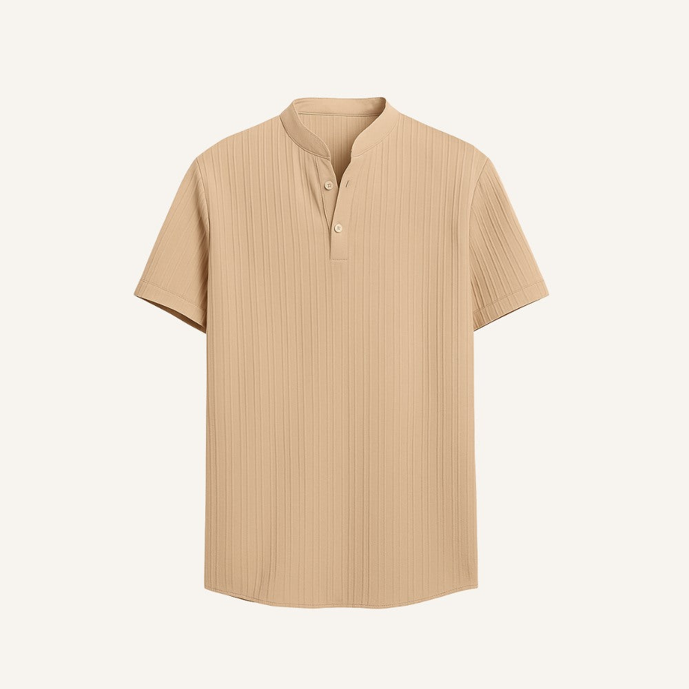 Camisa Gola Padre Plissada listrada Old Money Richelieu bege