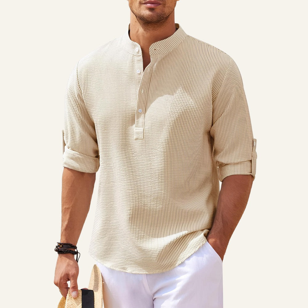Camisa Masculina Gola Padre Casual Old Money Ascot bege 