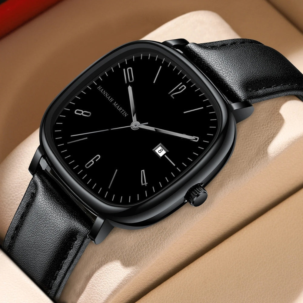 Mens Retro Leather Watch - Outline Black